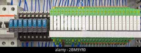 Terminal of control . Control panel assembly with wire and terminal box, ground terminal,personal earth terminal Stock Photo