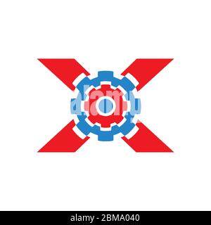 X letter red with gear logo design concept Stock Vector