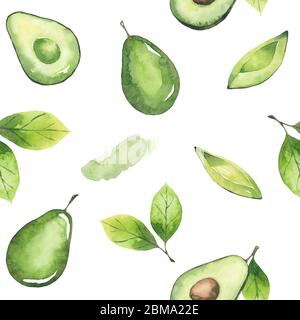 Seamless pattern of avocados and leaves. Watercolor elements isolated on white Stock Photo