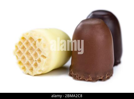 Chocolate Marshmallows isolated on white background (close-up; selective focus) Stock Photo