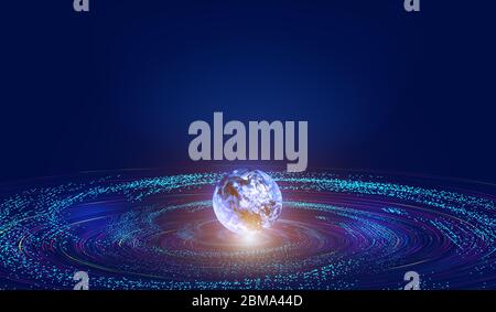Glowing digital earth, cosmic swirl of particle flow, big data background of network technology. Stock Photo