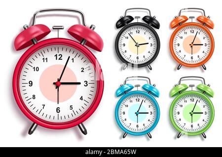 Alarm clock vector set. 3D realistic analog alarm clocks in various colors with glossy looks in front view for design elements. Vector illustration. Stock Vector