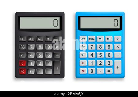 Calculator vector set. Office calculator in black and blue colors with top view 3D realistic look for design elements. Vector illustration. Stock Vector