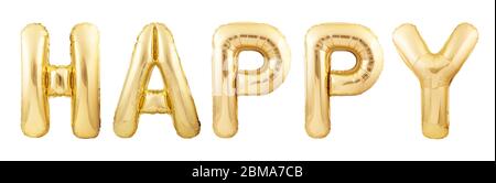 Word happy made of rose gold inflatable balloon isolated on white background. Stock Photo