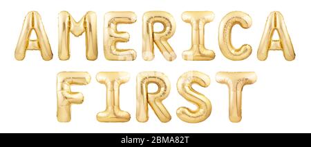 America first made of golden inflatable balloons isolated on white background Stock Photo