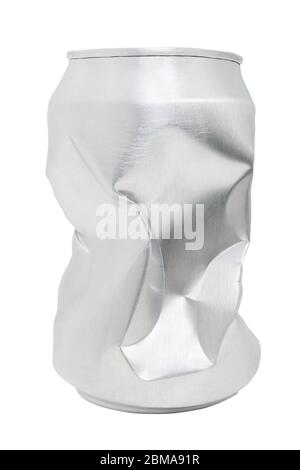 Crumpled empty blank soda or beer can garbage isolated on white background Stock Photo