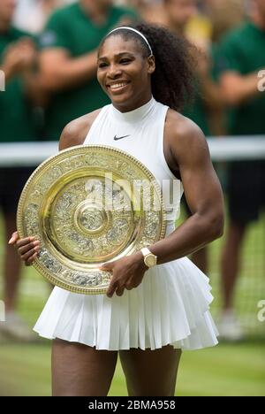 9th July 2016, Centre Court, Wimbledon, London: Serena Williams (USA) holds the Venus Rosewater dish after winning the Women's Singles Final. Stock Photo