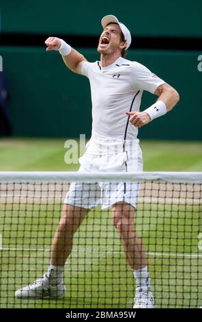 10th July 2016, Centre Court, Wimbledon: Mens Singles Final, Andy Murray celebrates after defeating Milos Raonic to win Wimbledon for the second time.