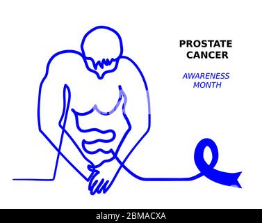 Blue ribbon, prostate cancer awareness month. Man health banner.Man looks down at his pants. Simple one line illustration against cancer Stock Vector