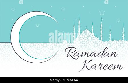 Ramadan Kareem Message with blue mosque silhouette and a crescent over a light background with teal sky. Islamic pattern Stock Vector