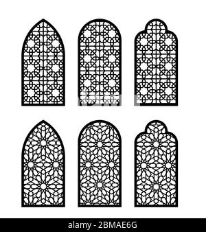 Arabesque arch window or door set. Cnc pattern, laser cutting, vector template set for wall decor, hanging, stencil, engraving Stock Vector