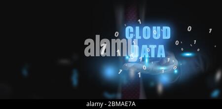 Cloud computing concept - connect to data cloud. Businessman or information technologist hold information cloud on his palm. Stock Photo