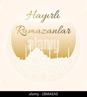 Ramadan Kareem Message with blue mosque silhouette in a crescent over a light background. Islamic pattern Stock Vector