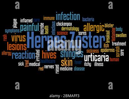 Herpes zoster word cloud concept on black background. Stock Photo