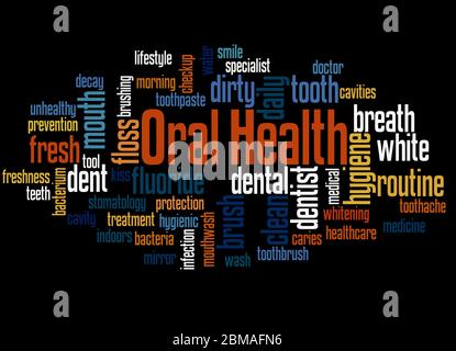 Oral Health word cloud concept on black background. Stock Photo