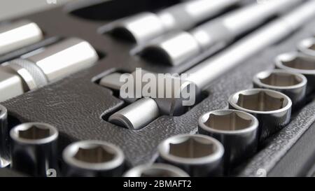 Socket wrench toolbox background. Selective focus. Stock Photo