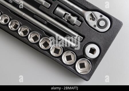 Socket wrench toolbox background. Selective focus. Stock Photo
