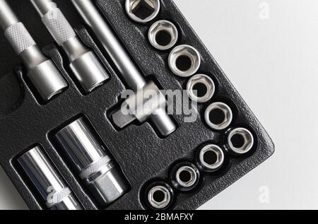 Socket wrench toolbox background. Selective focus. Stock Photo