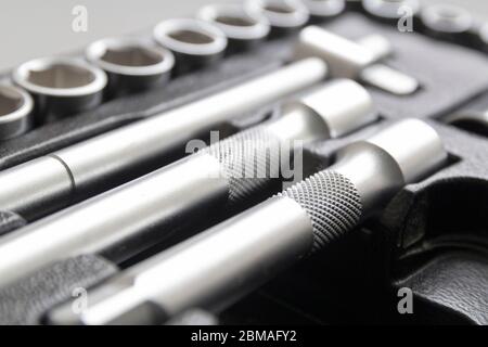 Socket wrench toolbox background. Selective focus. Stock Photo