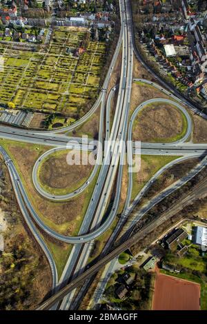 , intersection Herne of motorway A 42 and A43, 12.03.2017, aerial view, Germany, North Rhine-Westphalia, Ruhr Area, Herne Stock Photo