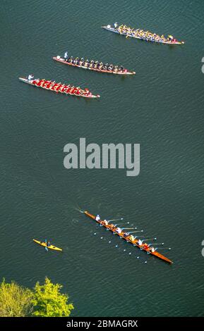 , rowing boat and dragonboats on river Ruhr, 06.05.2017, aerial view, Germany, North Rhine-Westphalia, Ruhr Area, Essen Stock Photo