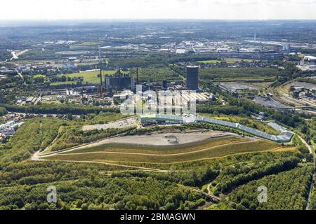 solar power panels on the roof of the summer toboggan run on the heap in Bottrop, 14.08.2019, aerial view, Germany, North Rhine-Westphalia, Ruhr Area, Bottrop Stock Photo