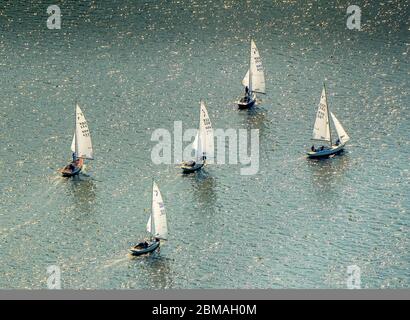 , sailboats on lake Baldeneysee, 06.05.2017, aerial view, Germany, North Rhine-Westphalia, Ruhr Area, Essen Stock Photo