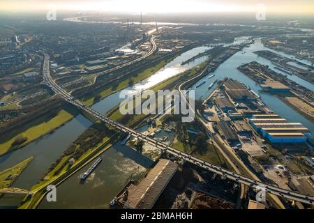 interchange Duisburg, A 40 and A 59, river Ruhr, lock Duisburg-Meiderich and Ruhrort harbor, 07.02.2020, aerial view, Germany, North Rhine-Westphalia, Ruhr Area, Duisburg Stock Photo