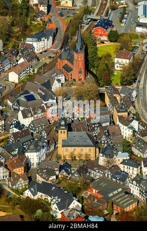 , churches St Michael and protestantic church in Langenberg, 13.03.2017, aerial view, Germany, North Rhine-Westphalia, Langenberg, Velbert Stock Photo