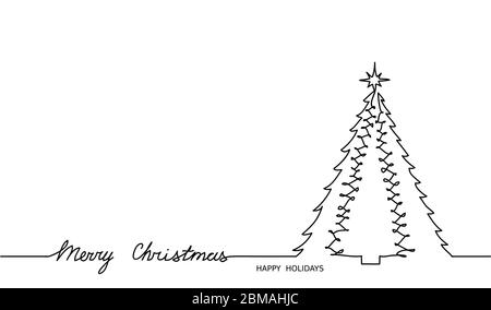 Christmas tree simple outline and Merry Christmas text . One continuous line vector drawing, minimalist background, banner, illustration of xmas Stock Vector