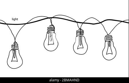 Lamps, light bulbs,festoon, garland, glowing light vector seamless border. One continuous line drawing lamp,bulb garland for celebration, festival Stock Vector