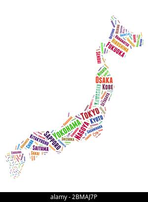 Japan map and list of cities word cloud concept on white background. Stock Photo