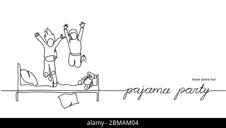 Pajama party, sleepover fun. Simple vector illustration of jumping kids on the bed. One continuous line drawing sketch, outlines of pajama party Stock Vector