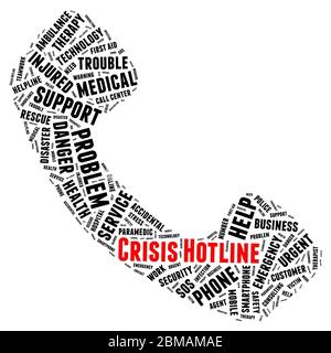 Crisis hotline telephone shape word cloud concept on white background. Stock Photo
