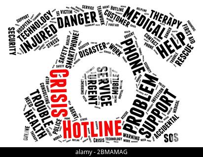 Crisis hotline old telephone shape word cloud concept on white background. Stock Photo