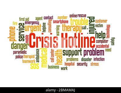 Crisis hotline word cloud concept on white background. Stock Photo