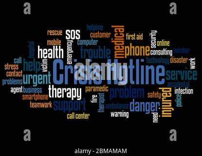 Crisis hotline word cloud concept on black background. Stock Photo