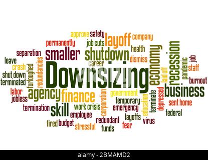 Downsizing word cloud concept on white background. Stock Photo