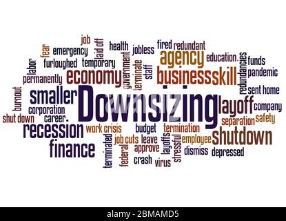 Downsizing word cloud concept on white background. Stock Photo