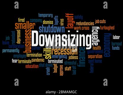 Downsizing word cloud concept on black background. Stock Photo