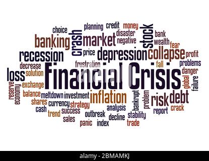 Financial crisis word cloud shaped concept on white background. Stock Photo