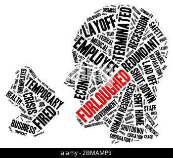 Furloughed head yelling shaped word cloud concept on white background. Stock Photo