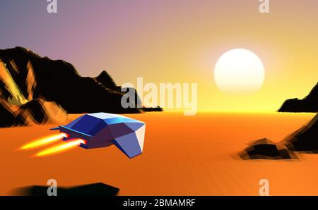 Arcade space ship flying to the sun in orange corridor or canyon landscape with 3D mountains, 80s style synthwave or retrowave scenic view Stock Vector