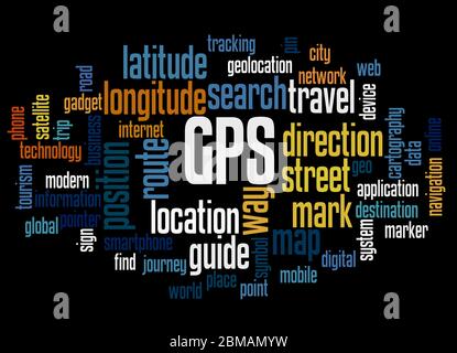 GPS - Global Positioning System, word cloud concept on black background. Stock Photo