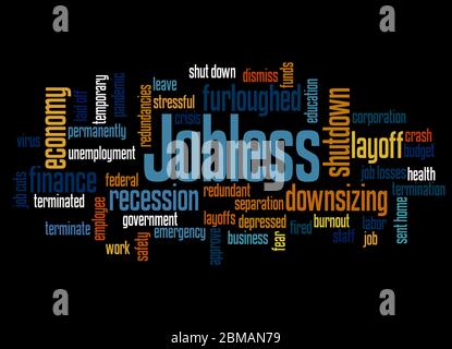 Jobless word cloud concept on black background. Stock Photo