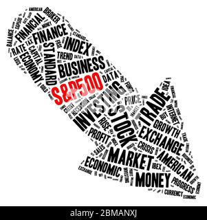S&P500 index stock market arrow shaped word cloud concept on white background. Stock Photo