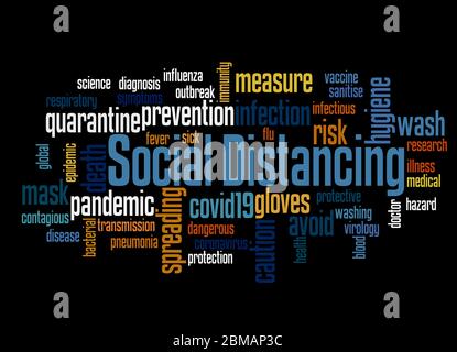 Social distancing word cloud concept on black background. Stock Photo