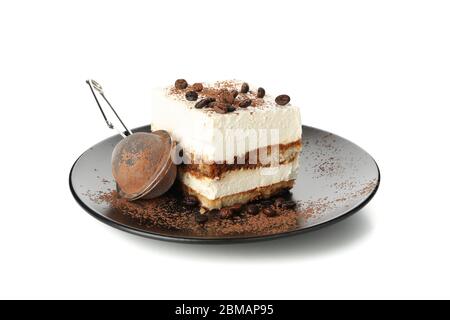 Plate with tiramisu isolated on white background. Tasty dessert Stock Photo