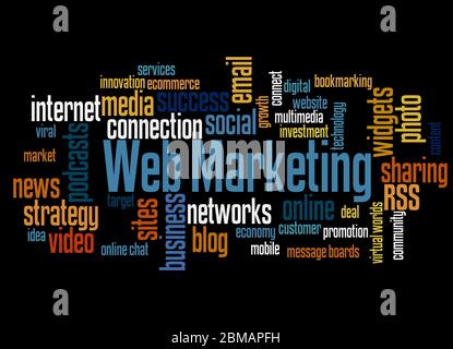 Web marketing word cloud concept on black background. Stock Photo