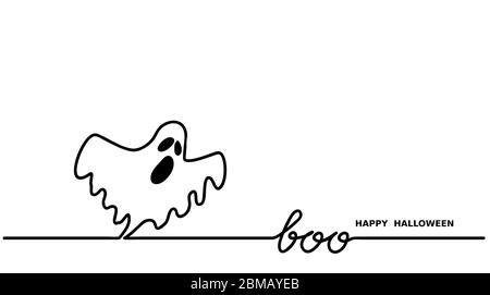 Ghost says boo.Happy Halloween vector simple one continuous line drawing for background, banner, illustration. Black and white Halloween ghost Stock Vector